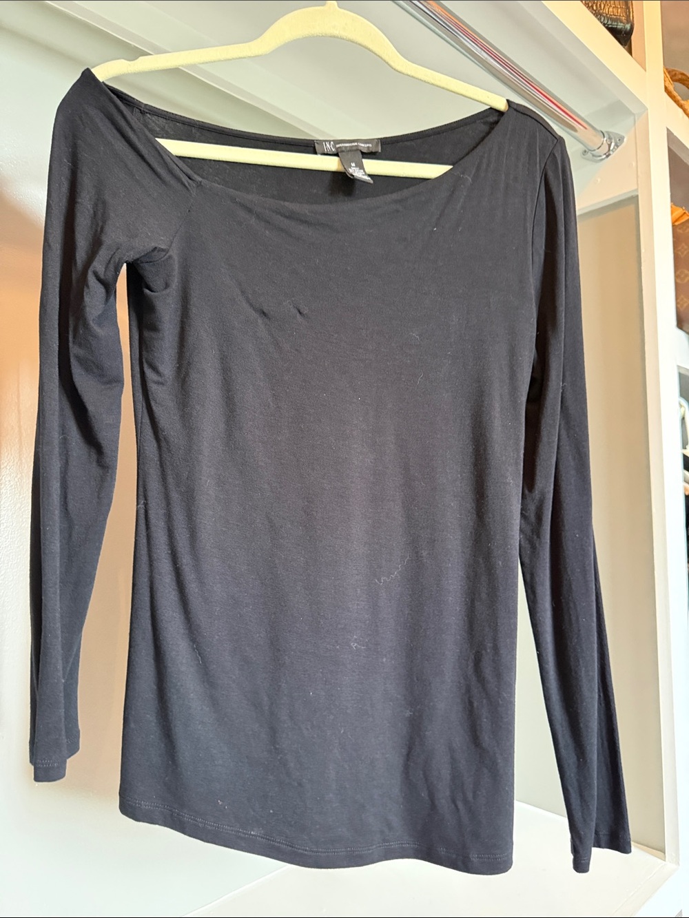INC International Concepts Black Long Sleeve asymmetrical  neck Top